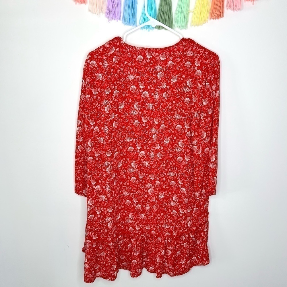 Maurices Red Floral Crochet Trim Open Front Peplum Hem Kimono Size Large - Picture 13 of 16